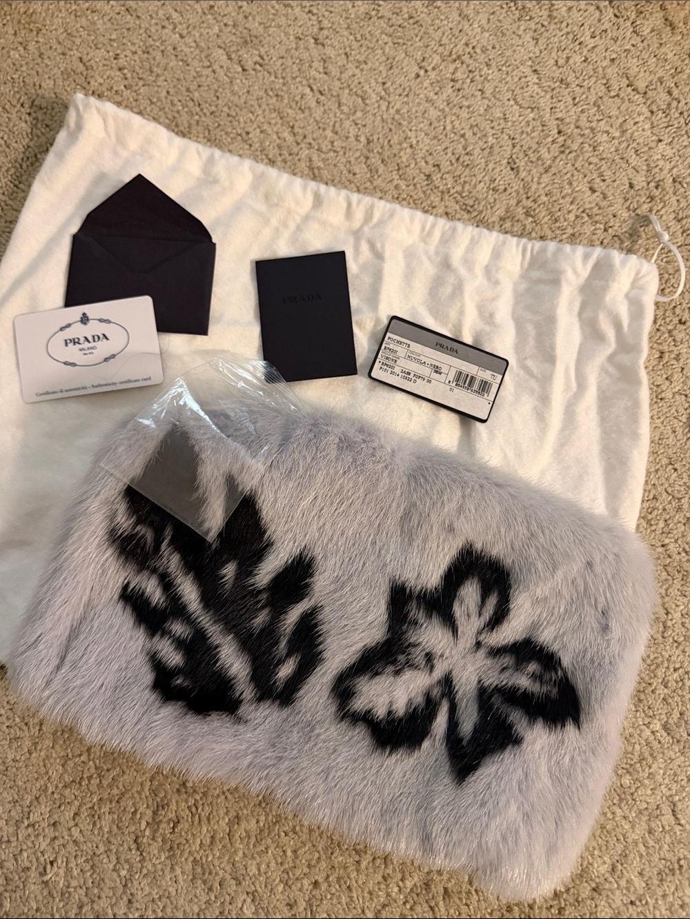 New Prada Light Gray mink pochette with Black Floral Motif
